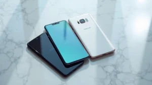 Flat lay arrangement of premium flagship smartphones (iPhone, Samsung Galaxy, Google Pixel) on sleek marble surface with modern aesthetic lighting, no text visible on screens