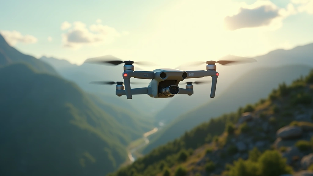 Aerial view of DJI Mini 4 Pro compact drone hovering above scenic mountain landscape with green valleys and blue sky, professional cinematography quality, golden hour lighting