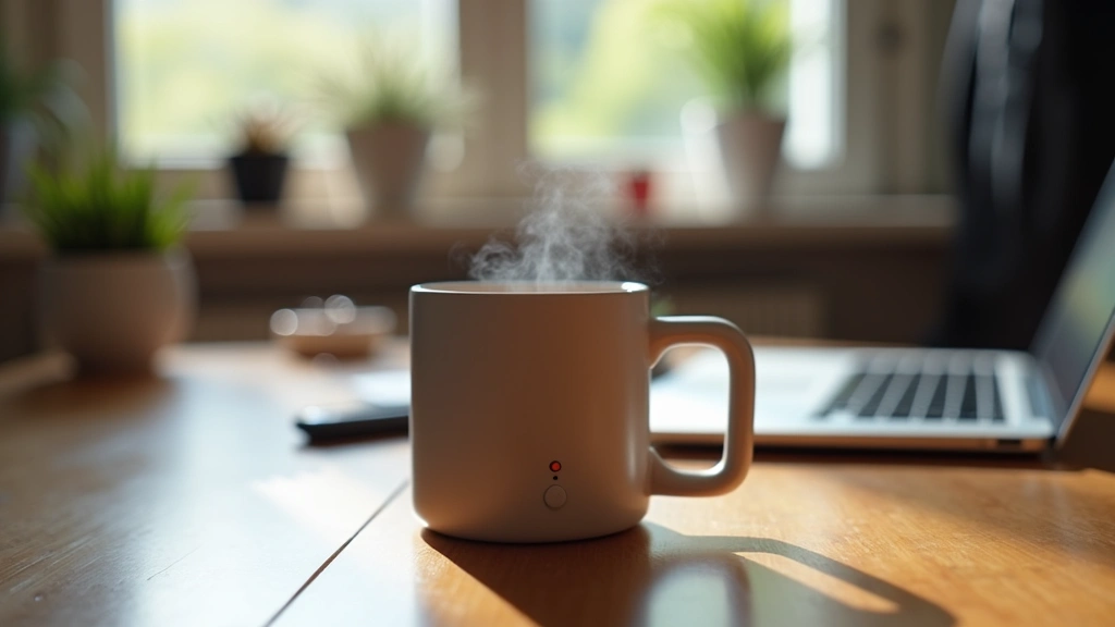 Close-up lifestyle photography of Ember smart mug on wooden desk with laptop and workspace, steam rising slightly, warm beverage inside, modern office environment, natural window lighting