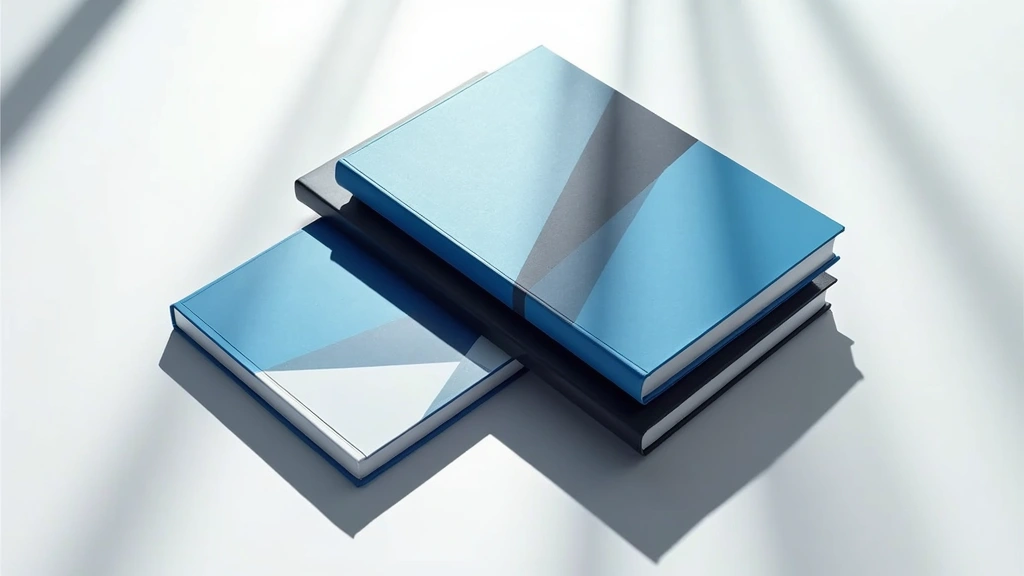 Flat lay of modern technology books with minimalist geometric cover designs in blue, black, and white colors, arranged on a clean white surface with dramatic shadow lighting