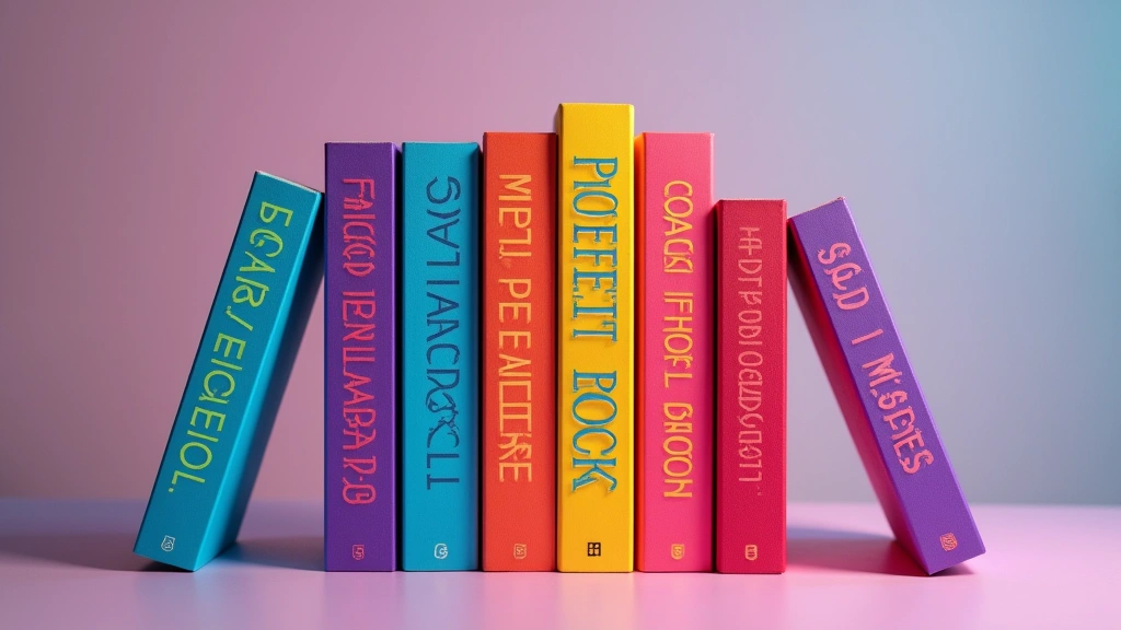 Artistic arrangement of colorful tech book spines displaying gradient effects, vibrant neon colors, and innovative typographic treatments against a neutral background with professional studio lighting
