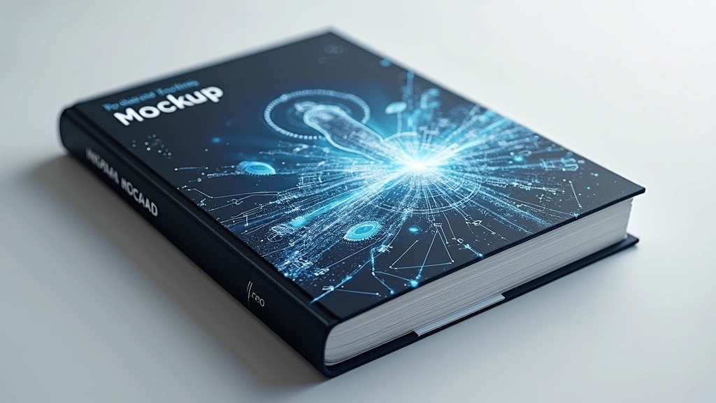 Contemporary book cover mockup showing layered design elements with dynamic composition, featuring sans-serif typography and abstract technological imagery on display