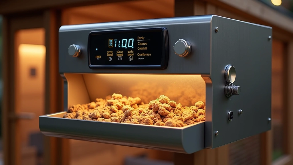 Professional smart automated poultry feeder with digital display mounted in modern coop, stainless steel construction, LED indicators, realistic lighting, detailed mechanical components visible