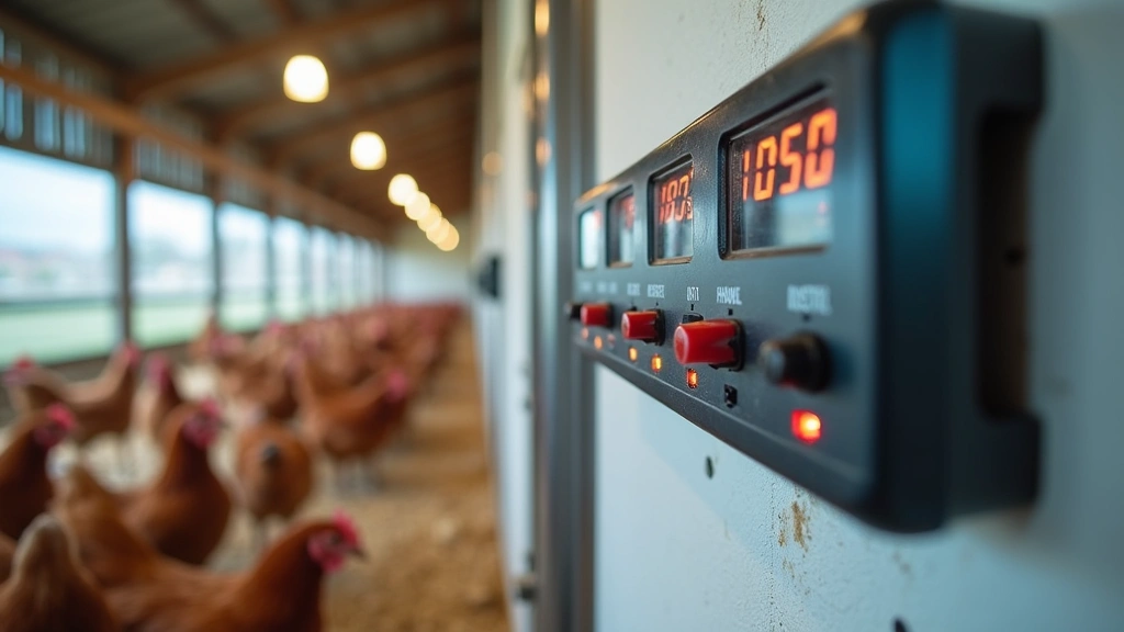 Advanced environmental monitoring sensor array in chicken coop with digital readouts, temperature and humidity gauges, LED indicators, mounted on white wall, professional agricultural setting, realistic detail