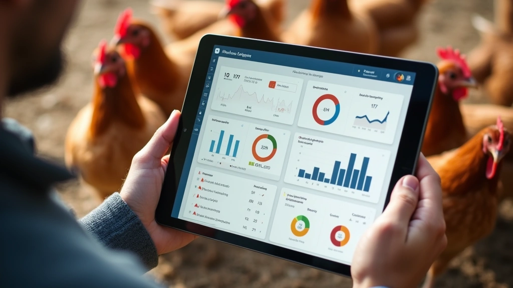 Integrated smart farm management dashboard displayed on tablet showing real-time poultry data visualization, graphs, and metrics with clean modern interface design, held by farmer hand in coop environment