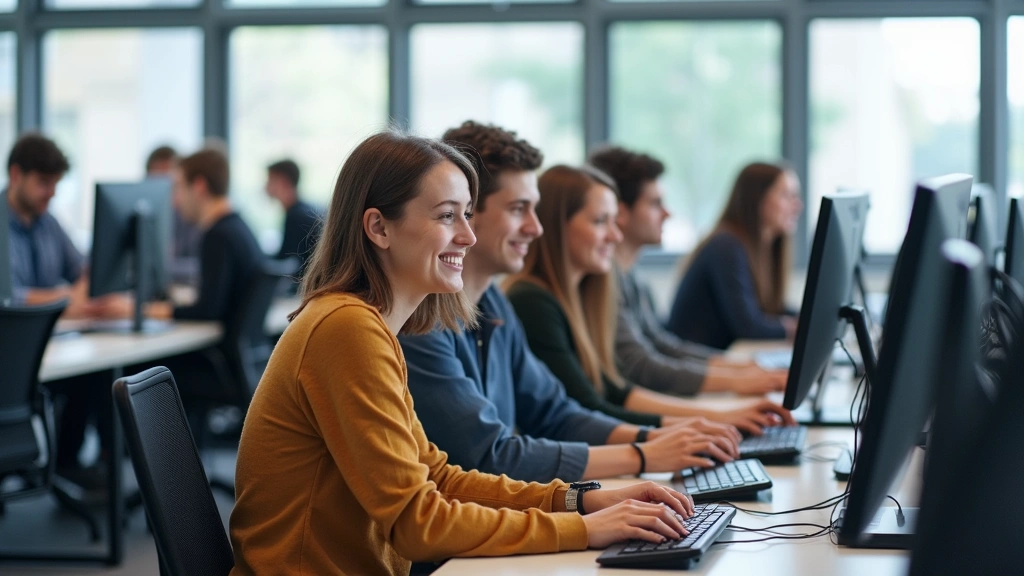 Diverse group of young developers collaborating at modern computer workstations in bright, open classroom space with natural light and large monitors