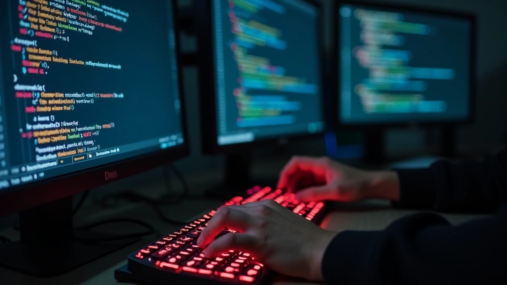 Close-up of hands typing on mechanical keyboard with dual monitors displaying code editor with syntax highlighting and debugging tools
