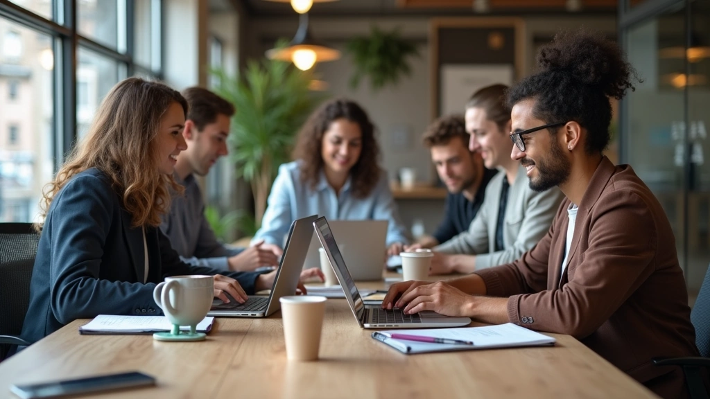 Professional tech team in casual startup office environment working together on laptops with notebooks and coffee cups, diverse group in collaborative setting