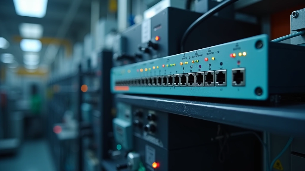 Industrial edge computing device with multiple sensor ports, mounted on factory equipment, showing LED status indicators and network cables, professional manufacturing environment background