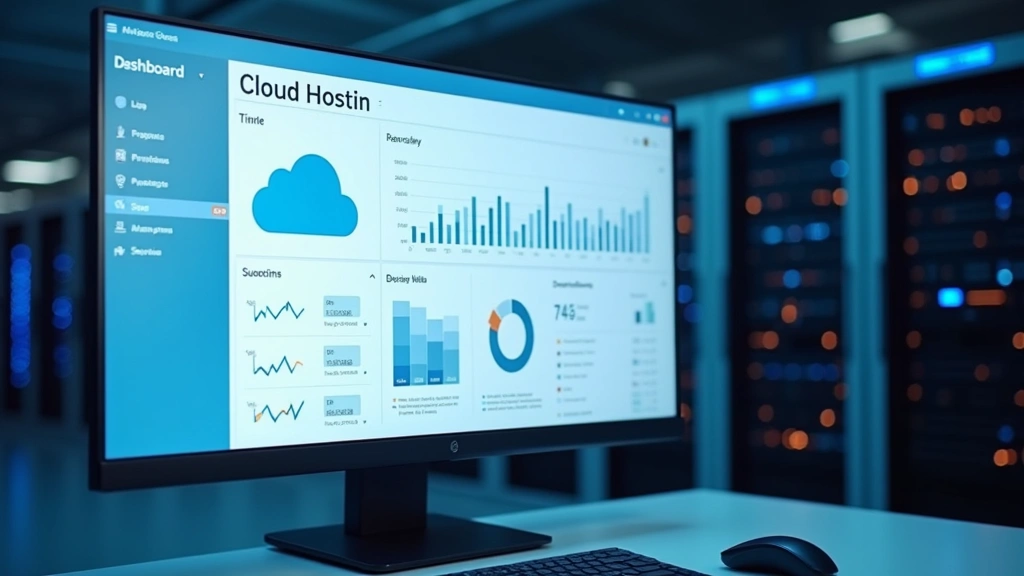 Cloud dashboard interface displayed on modern monitor showing real-time analytics graphs and device management controls, with blurred data center server racks visible in background