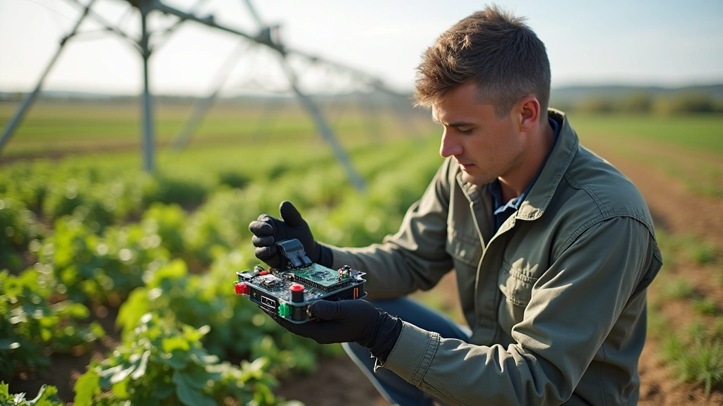 Technician installing ruggedized IoT hardware in agricultural field setting, holding device components, with crop rows and irrigation equipment visible in natural daylight