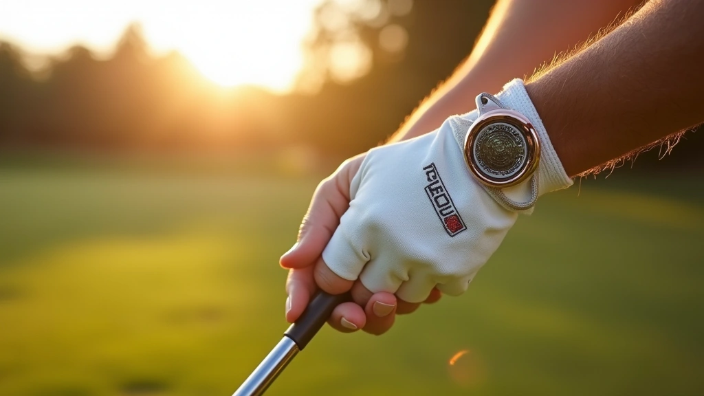 Professional golfer wearing copper-infused golf glove during swing, close-up of hand gripping club, sunlit golf course background, high-quality sports photography