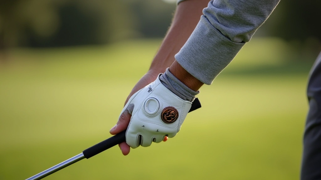 Golfer's hands during putting green with copper tech glove in use, showing grip consistency and fit, natural daylight, action sports photography style