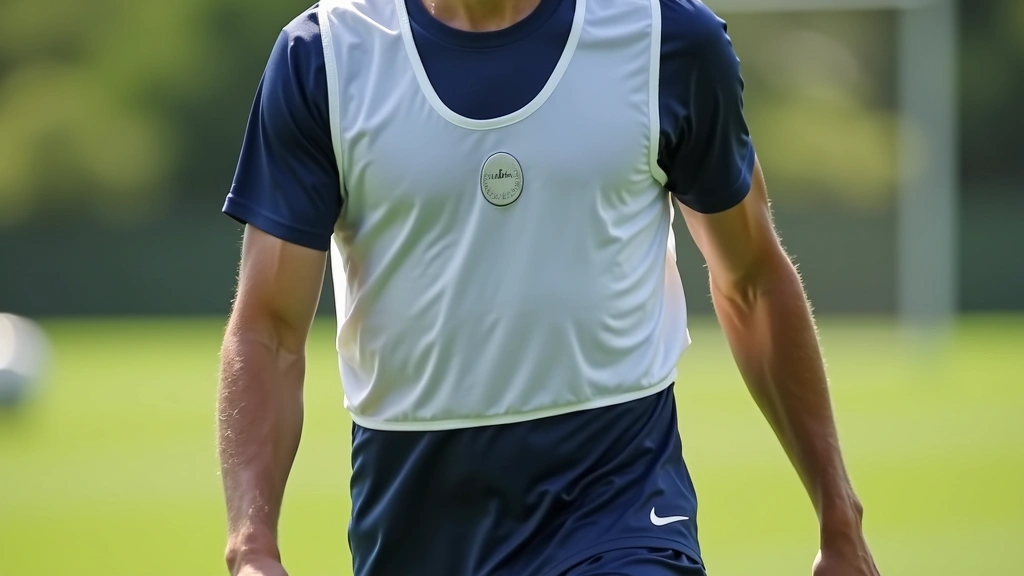 Close-up of professional soccer player wearing white GPS tracking vest during training session, chest-mounted sensor visible, player in motion with ball at feet, green soccer field background, natural daylight