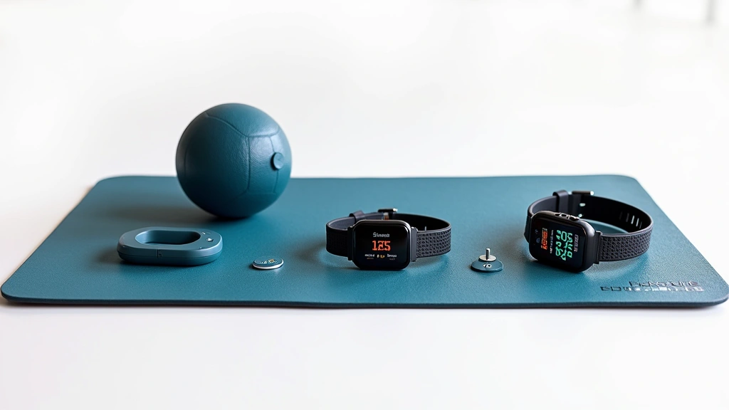 Recovery monitoring devices including heart rate monitor strap, smartwatch, and muscle sensor placed on athletic recovery mat, sports recovery equipment visible, clean professional layout, white background