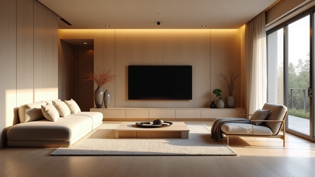 Modern minimalist living room with warm ambient lighting, sleek furniture, and seamless light wood flooring, showcasing a luxury residential smart home environment with no visible technology