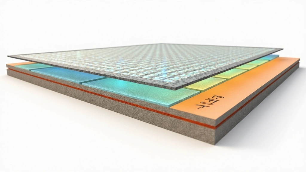 Close-up cross-section diagram showing layered flooring construction with embedded sensor grid, heating elements, and wireless communication components integrated into the floor substrate