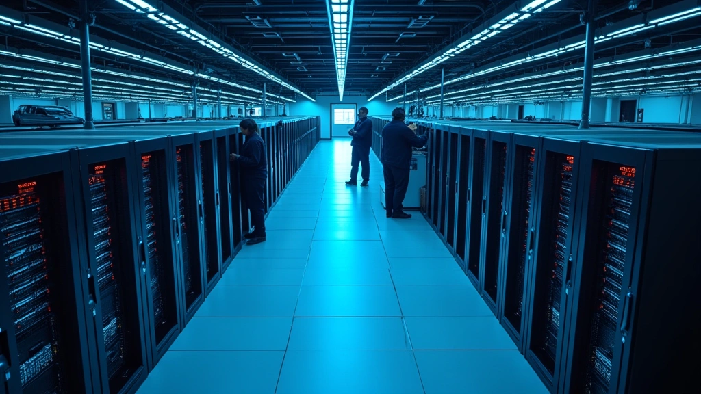 Overhead view of modern data center floor with organized server racks arranged in hot aisle cold aisle configuration, blue LED lighting, cable management systems visible, professional technicians working with equipment
