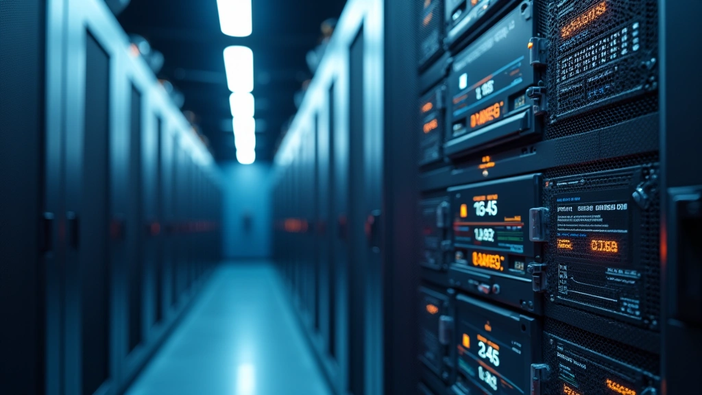 Close-up of advanced cooling system with precision air conditioning units, temperature monitoring displays, and airflow visualization in professional data center environment with metallic surfaces