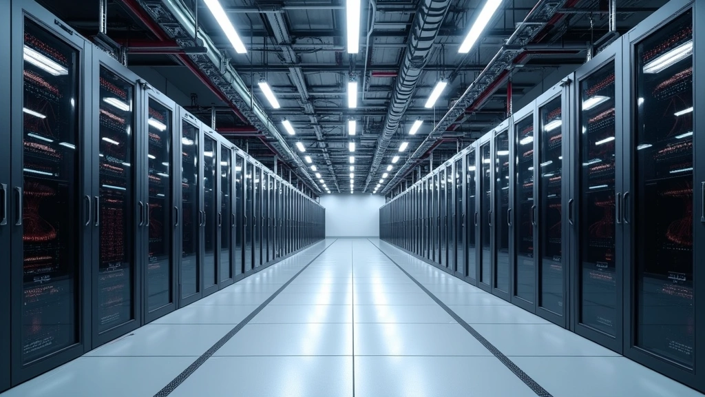 Wide-angle shot of large core tech floor facility showing multiple server rack rows, overhead cable trays, raised flooring, power distribution units, monitoring stations, and infrastructure redundancy systems