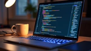 High-resolution photograph of a modern laptop with glowing keyboard displaying code on screen, placed on a minimalist desk with coffee cup and notebook, warm lighting, tech workspace aesthetic