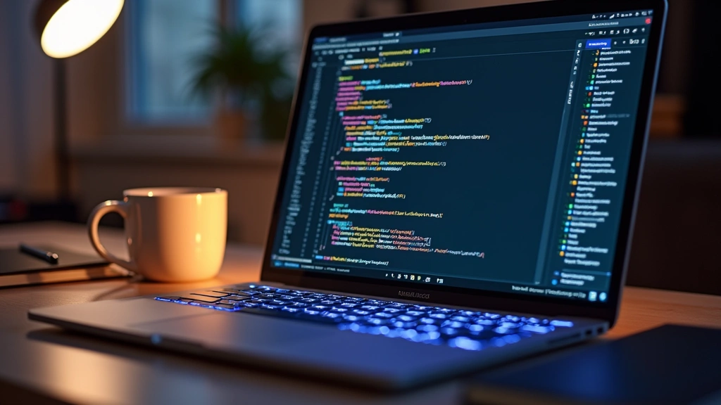 High-resolution photograph of a modern laptop with glowing keyboard displaying code on screen, placed on a minimalist desk with coffee cup and notebook, warm lighting, tech workspace aesthetic