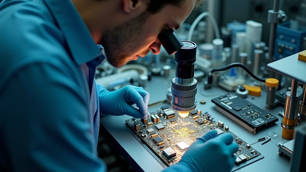 Overhead shot of a professional engineer working on circuit board with precision tools, magnifying equipment visible, focused concentration, laboratory setting with technical instruments, detailed craftsmanship