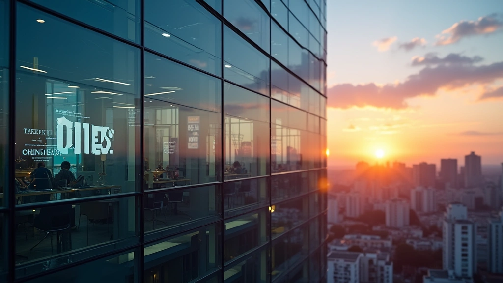 Modern glass office building exterior at sunset with tech company logos, urban skyline in background, reflecting ambitious career environment, professional architectural photography, no readable text
