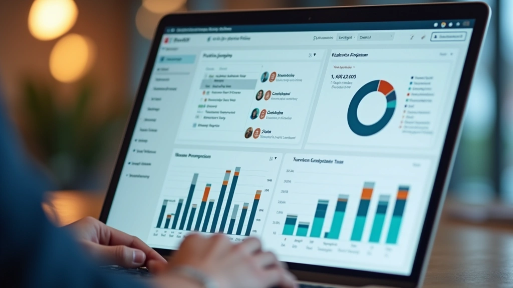 Close-up of modern laptop screen displaying recruiting platform dashboard with candidate pipeline visualization, job analytics, and team collaboration interface in professional setting
