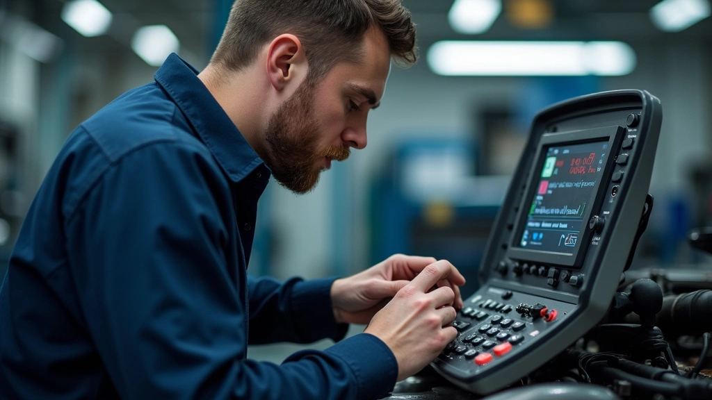 Professional technician using advanced diagnostic equipment in modern workshop setting, focused on hands and tool interface, natural lighting highlighting precision work