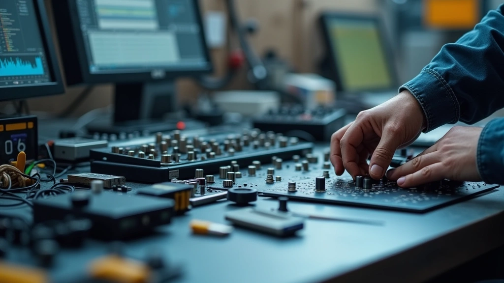 Close-up of multiple professional-grade technology tools and equipment arranged on workbench, showing variety of devices, shallow depth of field emphasizing quality