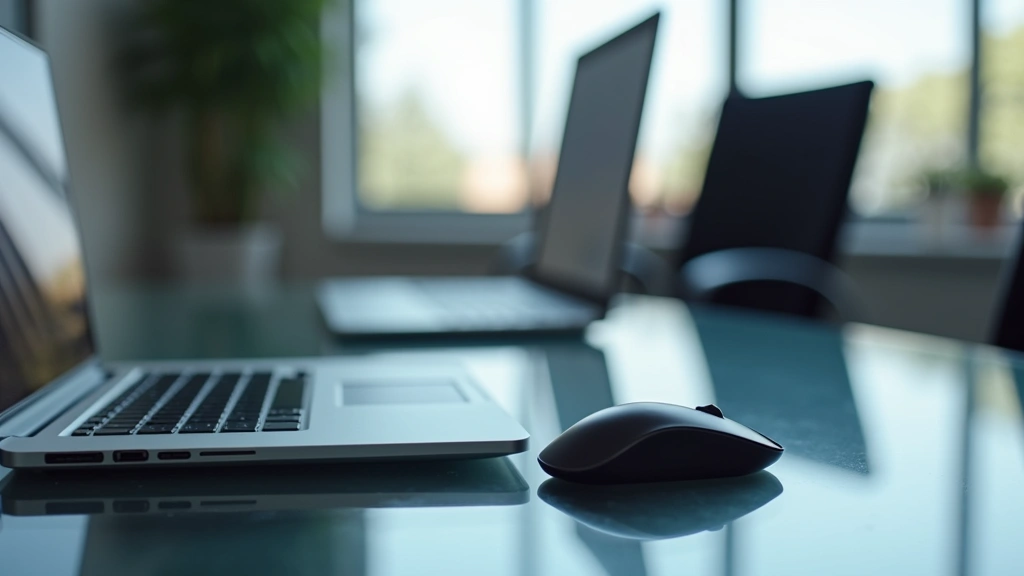 Business laptop and wireless mouse on glass desk with blurred office background, ergonomic workspace setup, professional lighting, modern technology peripherals