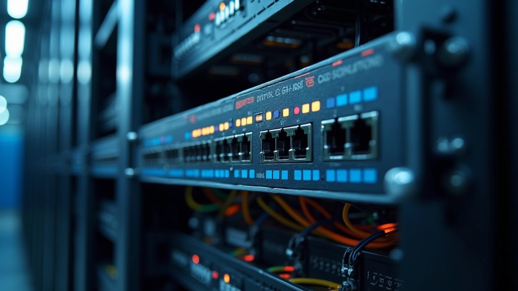 Enterprise network security appliance device with multiple ports and indicators in server rack environment, professional data center setting, cables and infrastructure visible