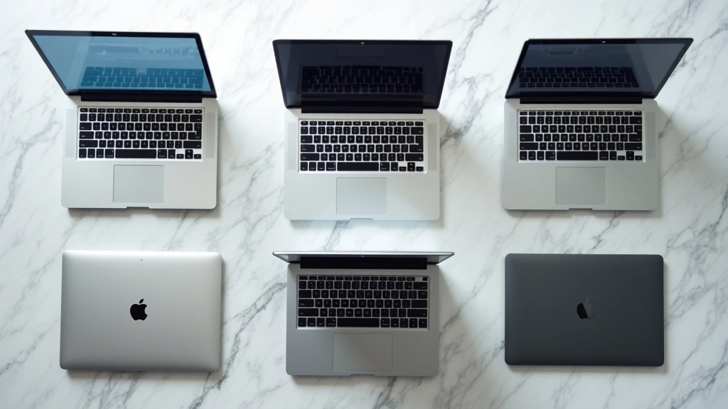 Flat lay composition of five different corporate laptops arranged in a grid pattern on marble surface, showing diverse designs and screen sizes, professional lighting highlighting build quality and details