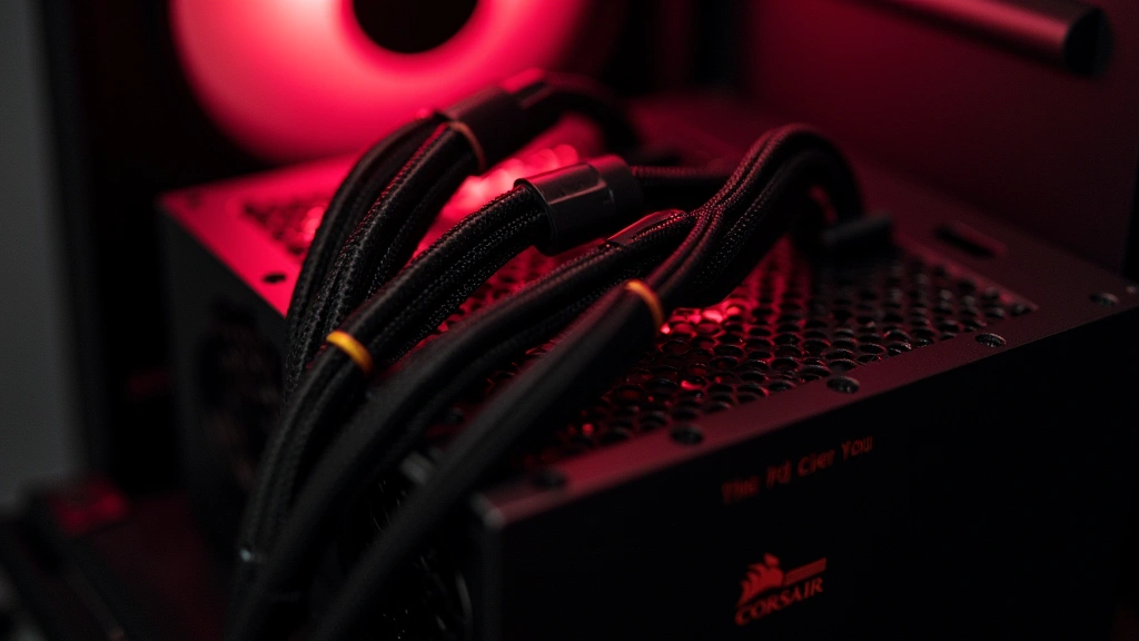 Close-up of Corsair power supply unit with modular cables organized neatly, mounted in computer chassis, warm professional lighting highlighting premium build quality and connector details