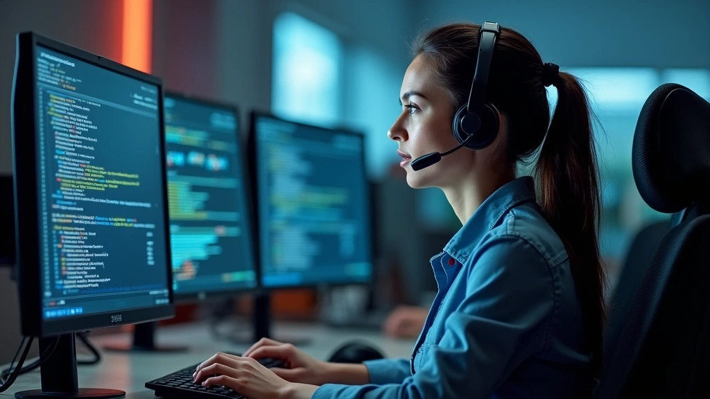 Customer service representative wearing headset at modern tech support desk with multiple monitors displaying system diagnostics and support ticket information, professional office environment with technology focus