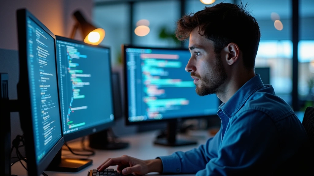 Professional young engineer at computer workstation in modern tech company office, focused on coding or design work, multiple monitors, professional corporate environment