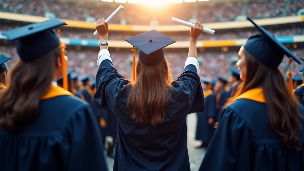 Graduation ceremony scene with engineering students in caps and gowns holding diplomas, celebrating achievement, stadium setting, inspiring moment of educational completion