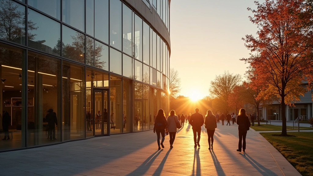 University campus modern building with glass windows at sunset, students walking with laptops and tablets, technology integration visible in architecture, warm golden hour lighting, no signage or identifying text