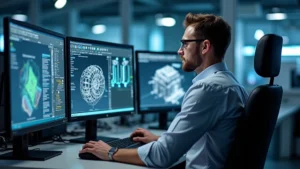 Professional engineer working at computer workstation with multiple monitors displaying CAD software and technical simulations, modern laboratory environment with technical equipment visible in background