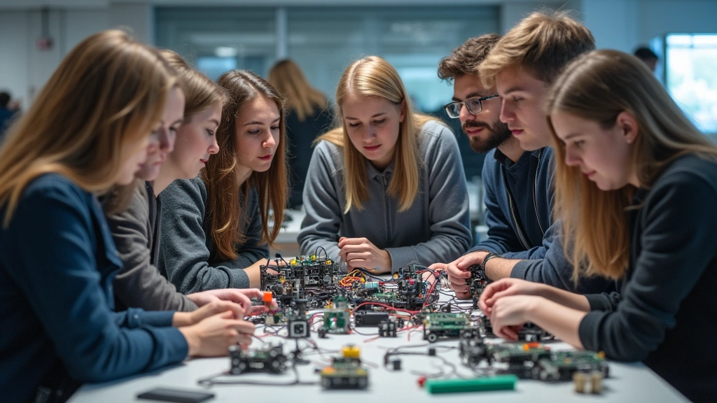 Diverse group of engineering students collaborating on robotics project in modern university laboratory, holding circuit boards and mechanical components, focused on hands-on technical work