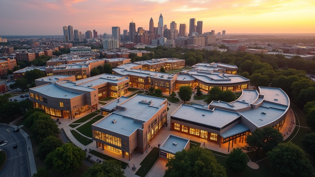 Aerial view of Georgia Tech campus showing modern engineering buildings, student commons areas with technology infrastructure visible, Atlanta skyline in background during golden hour lighting