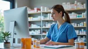 Professional pharmacy technician wearing blue scrubs working at a modern pharmacy counter with prescription bottles and a computer terminal, organized shelving with medications in background, natural lighting