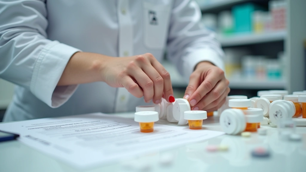 Close-up of pharmacy technician hands carefully counting and organizing prescription pills in small white containers, with pharmacy labels and documentation visible on desk surface