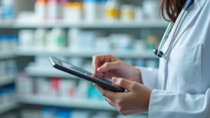 Close-up of pharmacy technician wearing white coat using digital tablet to verify prescription information, professional healthcare setting with blurred medication shelves in background, modern pharmacy environment, realistic lighting