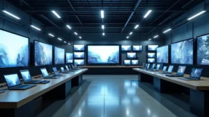 Modern warehouse interior with organized technology displays, laptop sections, desktop computers, and TV wall showcasing various screen sizes under bright LED lighting