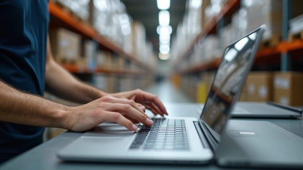 Close-up of customer hands interacting with laptop keyboard and touchpad at retail display, examining build quality and materials in bright warehouse setting