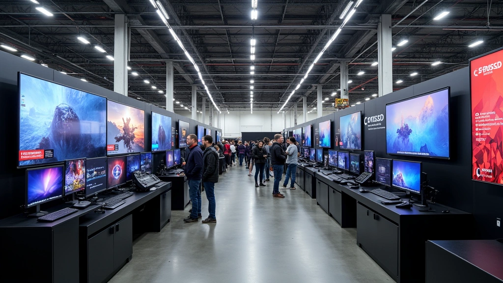 Wide shot of Costco warehouse technology section featuring gaming PC displays, high-refresh monitors, smart home systems, and audio equipment stations with customers browsing