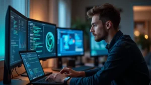 Professional male computer science student working at laptop with multiple monitors in modern home office, concentrated expression, ambient lighting, no screens visible