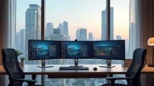 Modern hotel room workspace with ergonomic desk, multiple monitors setup, high-speed router visible, natural daylight from large window overlooking tech campus buildings, professional business environment photorealistic